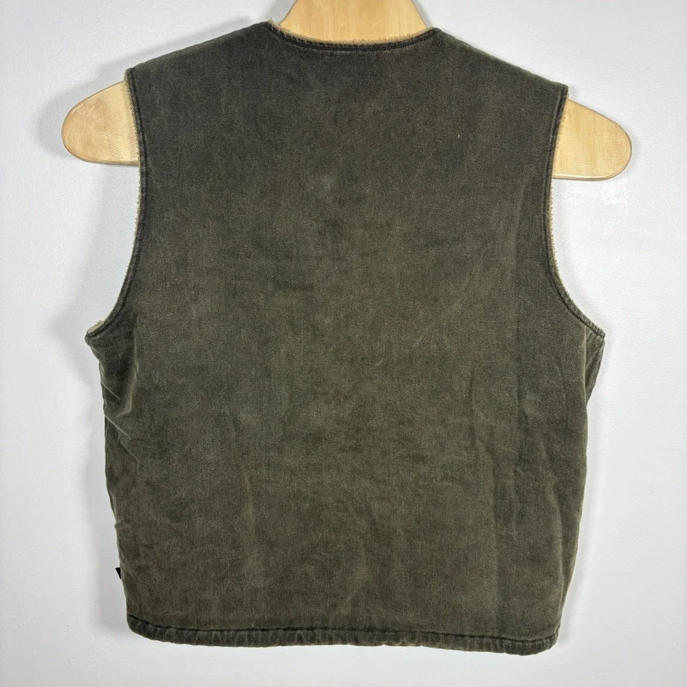 Woolrich Mens Canvas Sherpa Lined Vest Large Olive Green Faded Workwear Full Zip